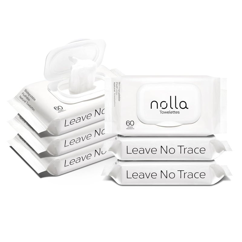 Nolla Flushable Wipes, 100% Plant-Based, Plastic-Free and Biodegradable - For Adults and Kids - Unscented + Soothing Aloe and Vitamin E 360 Count (6 Packs of 60) - Image 1