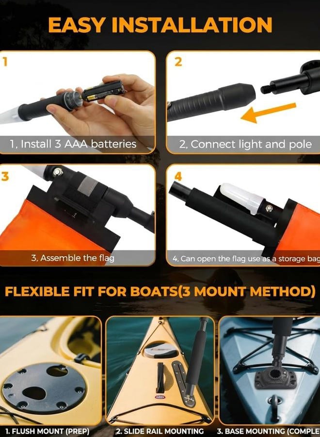 Tavaray Kayak Lights With Orange Flag Pole Kit, 360° Led White Boat Lights, 55.5" Height Battery Powered Navigation Light for Night Kayaking Fishing Paddling, Kayak Accessories - Image 3