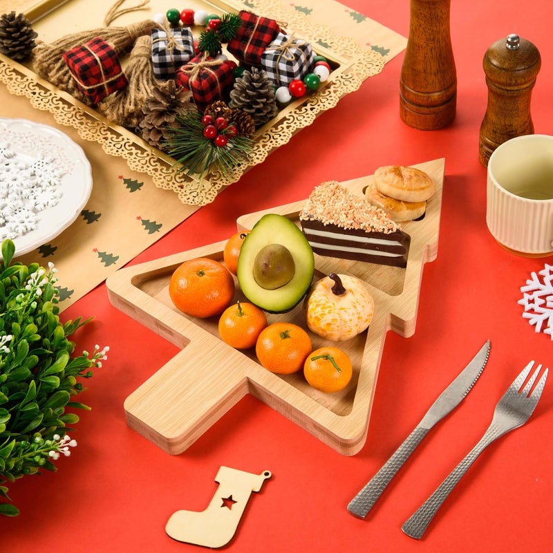 AWIZOM Christmas Bamboo Serving Platter Christmas Tree Shape Wooden Serving Tray Multiple Spaces Charcuterie Board Holiday Decorative Serving Appetizer Platters for Home Candy Snack Salad Food156x11x079 - Image 4