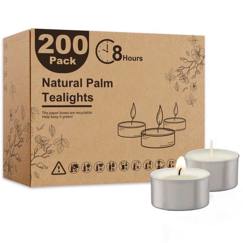 Ashlux Unscented Palm Tea Lights Candles 200 Pack Bulk 8 to 9 Hours Long Burning White Tea LightsNonParaffin Smokeless Mini Tealight Candles for Wedding Christmas Lights Party Power Outages