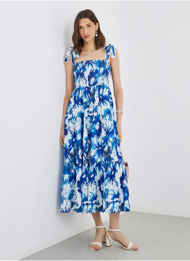 Take Two Take Two Floral Print Strappy Smocking Detail Square Neck Midi Dress