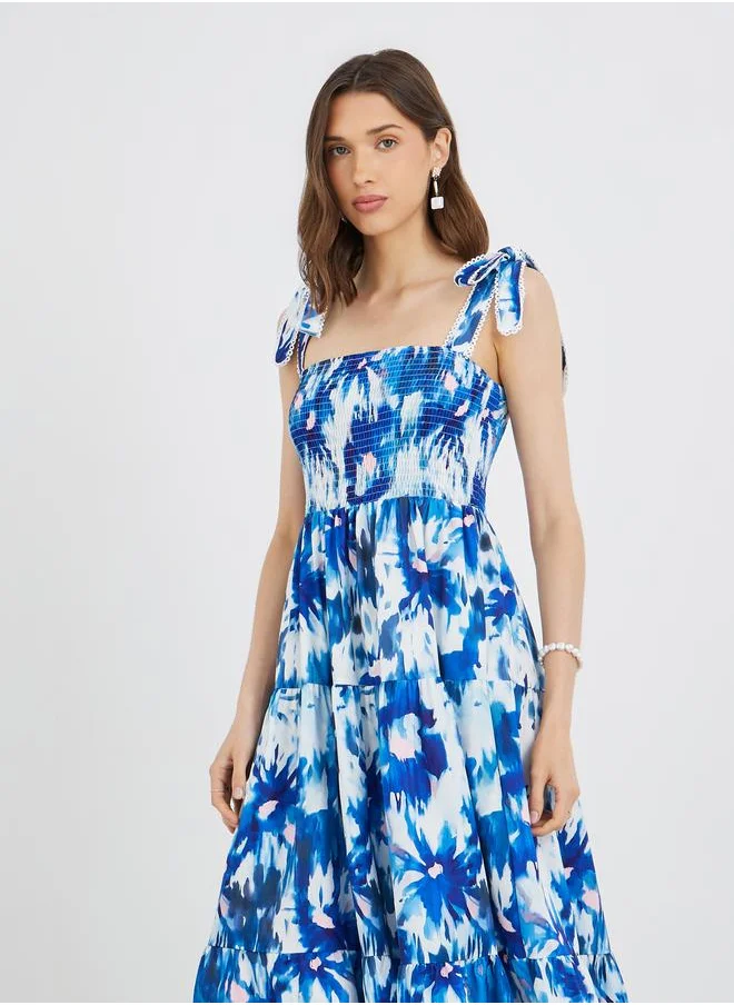 Take Two Take Two Floral Print Strappy Smocking Detail Square Neck Midi Dress