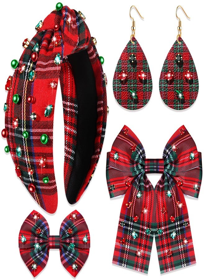 NVENF Christmas Headbands for Women, Holiday Headbands, Christmas Hair Bows, Red Plaid Headbands Hair Bow Clips Earrings, Christmas Accessories Outfits, Holiday Accessories Gifts (Pattern A) - Image 2