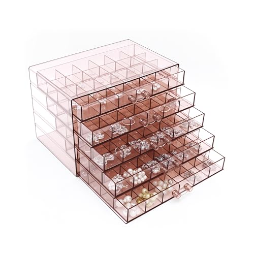Euedue Clear Pink Acrylic Jewelry Storage Box Earring Jewelry Organizer with 5 Drawers 5Layer Jewelry Box for Women Earring Display Holder for Earrings Ring Bracelet Necklace 120 Grid Storage Box - Image 1