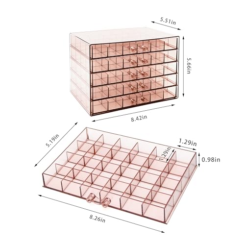 Euedue Clear Pink Acrylic Jewelry Storage Box Earring Jewelry Organizer with 5 Drawers 5Layer Jewelry Box for Women Earring Display Holder for Earrings Ring Bracelet Necklace 120 Grid Storage Box - Image 3