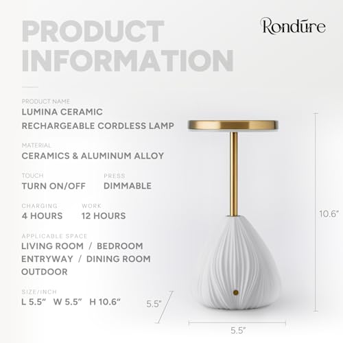 RONDURE 10.6" Ceramic Cordless Table Lamp, Portable Rechargeable Table lamp, Touch Dimmable Warm Ambient Lighting for Living Room, Bedroom, Dining Room, Fast Charging & Long Lasting - Image 3