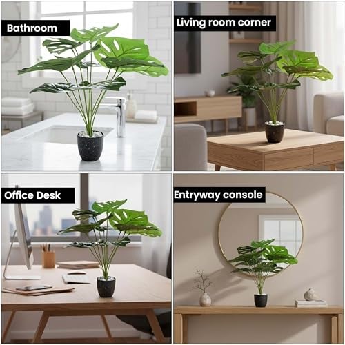 Go Hooked Artificial Indoor Plant with Complimentary Pot and Pebbles | 12 Patterned Leaves, Monstera Green Plants | Decorative Potted Plant for Home Decor, Living Room & Office Desk (Design 5) - Image 3