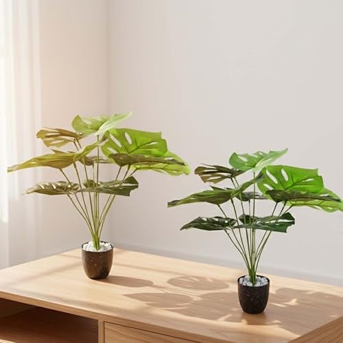 Go Hooked Artificial Indoor Plant with Complimentary Pot and Pebbles | 12 Patterned Leaves, Monstera Green Plants | Decorative Potted Plant for Home Decor, Living Room & Office Desk (Design 5) - Image 4