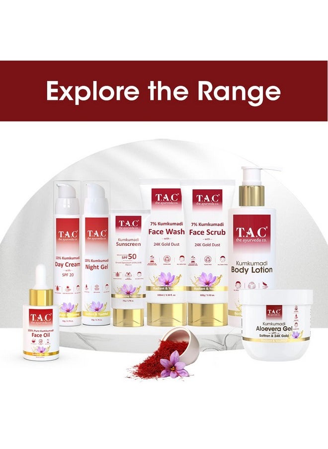 TAC - The Ayurveda Co. - Tac Kumkumadi Gold Glow Sunscreen Spf 50 Pa+++| High Grade Sun Protection With Uva/B + Blue Light Barrier|Ultra Light Sunscreen Gel|For Oily & Dry Skin|Water-Based Hydrating Formula|No White Cast -50G - Image 1