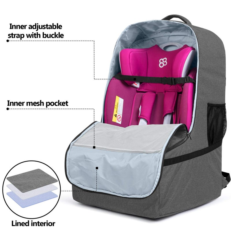 LUXJA Car Seat Travel Bag, Airplane Bag with Padded Backpack Straps and Adjustable Waist Straps for Travel (Fits Most Major Car Seat), Gray - Image 2