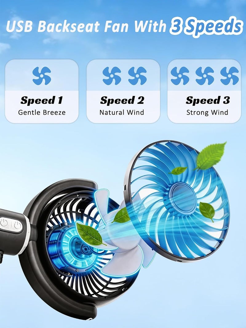 مروحة سيارة USB للأطفال في المقعد الخلفي - مروحة رأس مزدوجة محمولة تعمل بالطاقة عبر USB مع 3 سرعات، قابلة للدوران 360°، تعمل على تدوير الهواء للمقاعد الخلفية في السيارات والشاحنات الصغيرة وسيارات الدفع الرباعي والمركبات الترفيهية. - Image 3