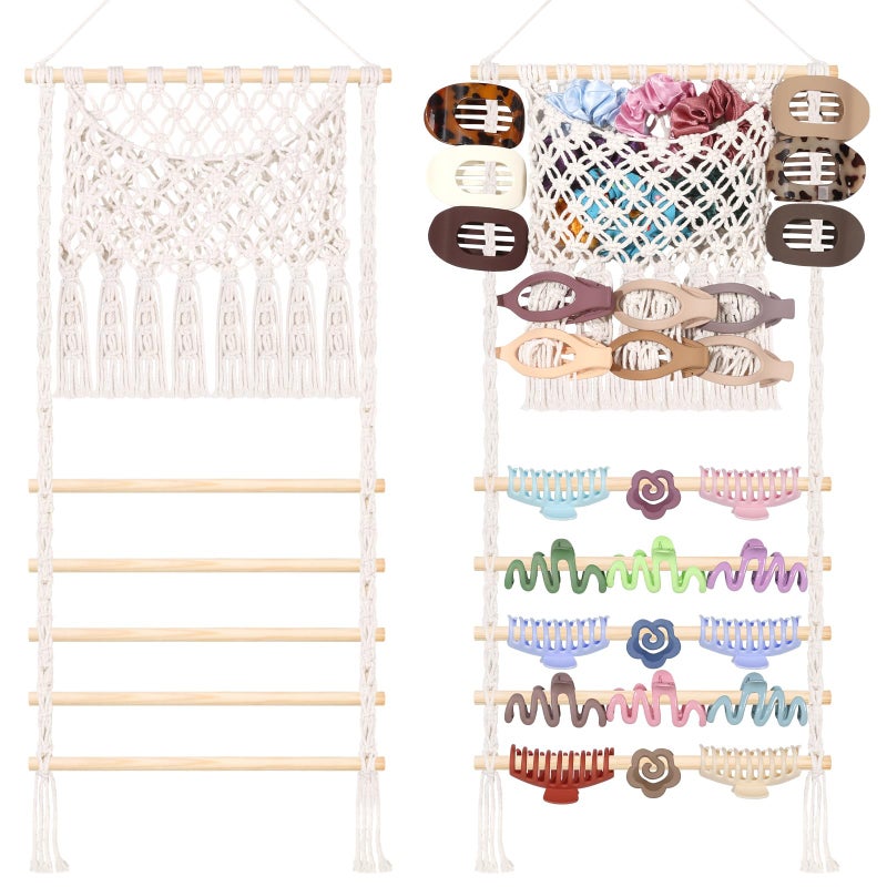 SNOWSTAR Macrame Hair Claw Clip Organizer,Large Capacity Mesh Bag Scrunchies Holder and Hair Ties Organizer for Women Girls,Hair Accessorie Hanging Storage Home Decor Wall,Door - Image 1
