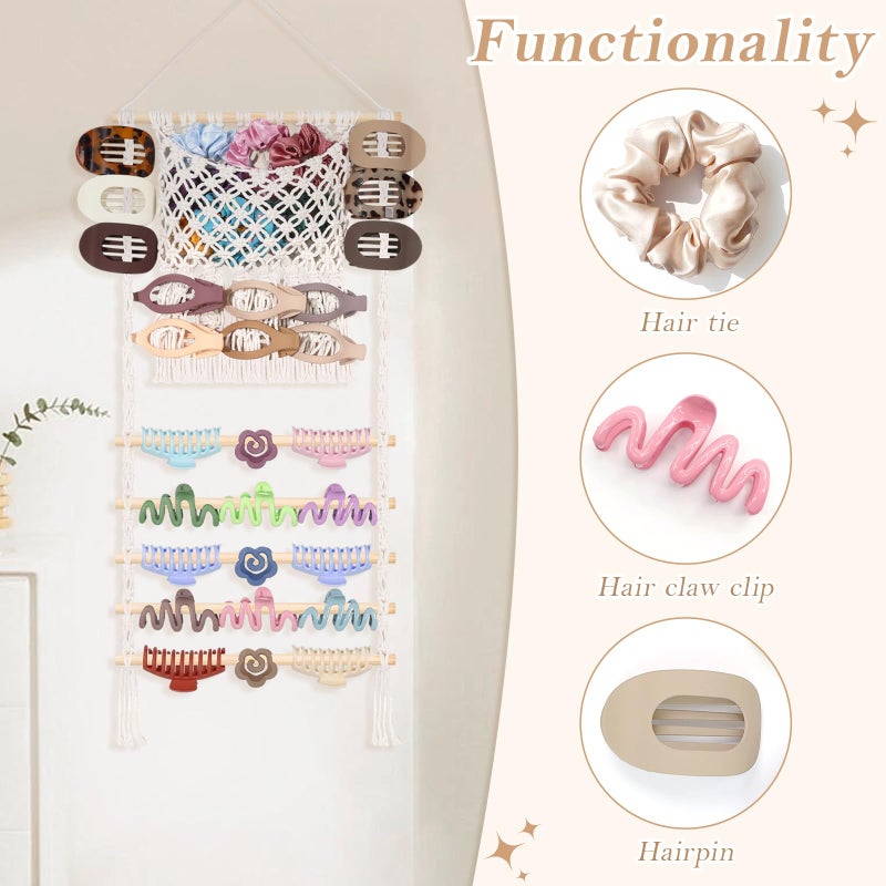SNOWSTAR Macrame Hair Claw Clip Organizer,Large Capacity Mesh Bag Scrunchies Holder and Hair Ties Organizer for Women Girls,Hair Accessorie Hanging Storage Home Decor Wall,Door - Image 5