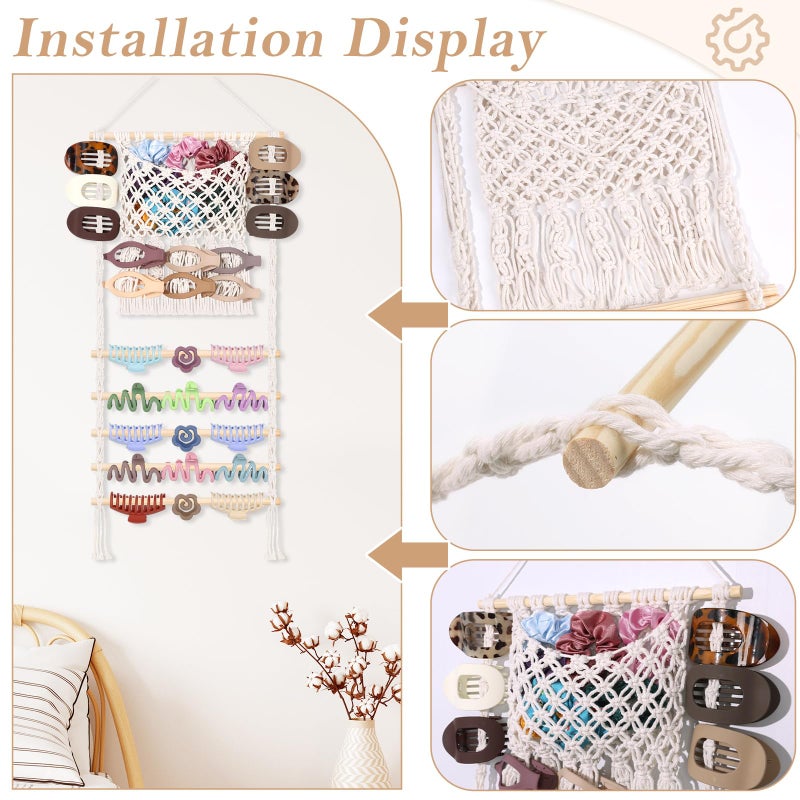 SNOWSTAR Macrame Hair Claw Clip Organizer,Large Capacity Mesh Bag Scrunchies Holder and Hair Ties Organizer for Women Girls,Hair Accessorie Hanging Storage Home Decor Wall,Door - Image 4