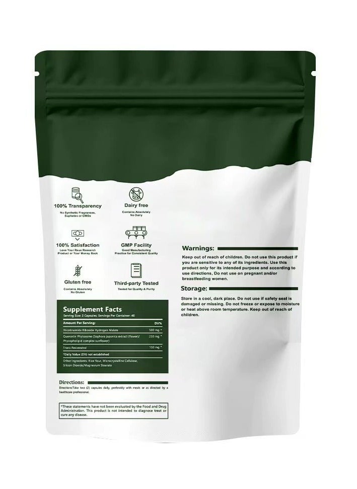 NAD High Purity NAD Supplement True NAD Plus Supplement Resveratrol for Anti-Aging, Energy, Focus DNA Repair and Boost NAD+ for Cellular Energy Metabolism 80 Capsules/Bag  - Image 2