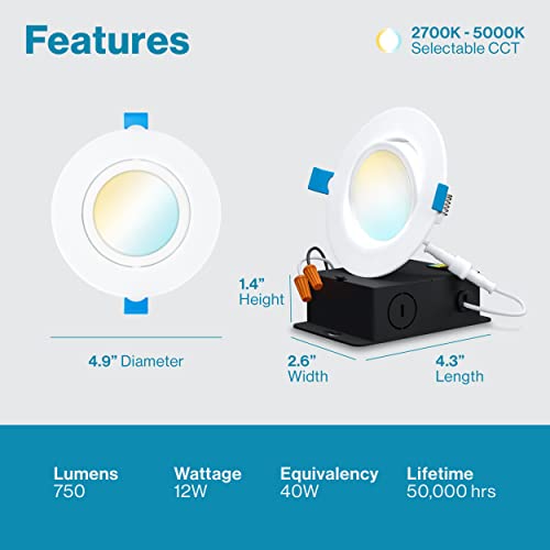 Sunco Lighting 6 Pack Recessed LED Lights Canless 4 Inch Eyeball Gimbal 12W, Selectable 2700K/3000K/3500K/4000K/5000K, Angled Directional Light with Jbox, Ultra Slim Dimmable, ETL. - Image 2