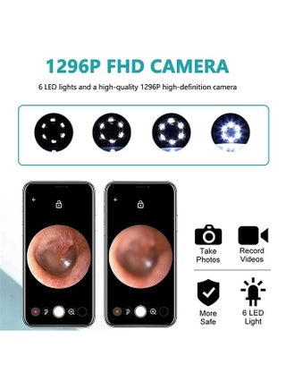 Ear Wax Removal, Wi-Fi Visible Wax Elimination Spoon with 4 Soft Silicone Ear Scoops, Wireless Ear Endoscope 1296P HD with LED Light for iPhone, iPad, Android Phones (Black) - view 5