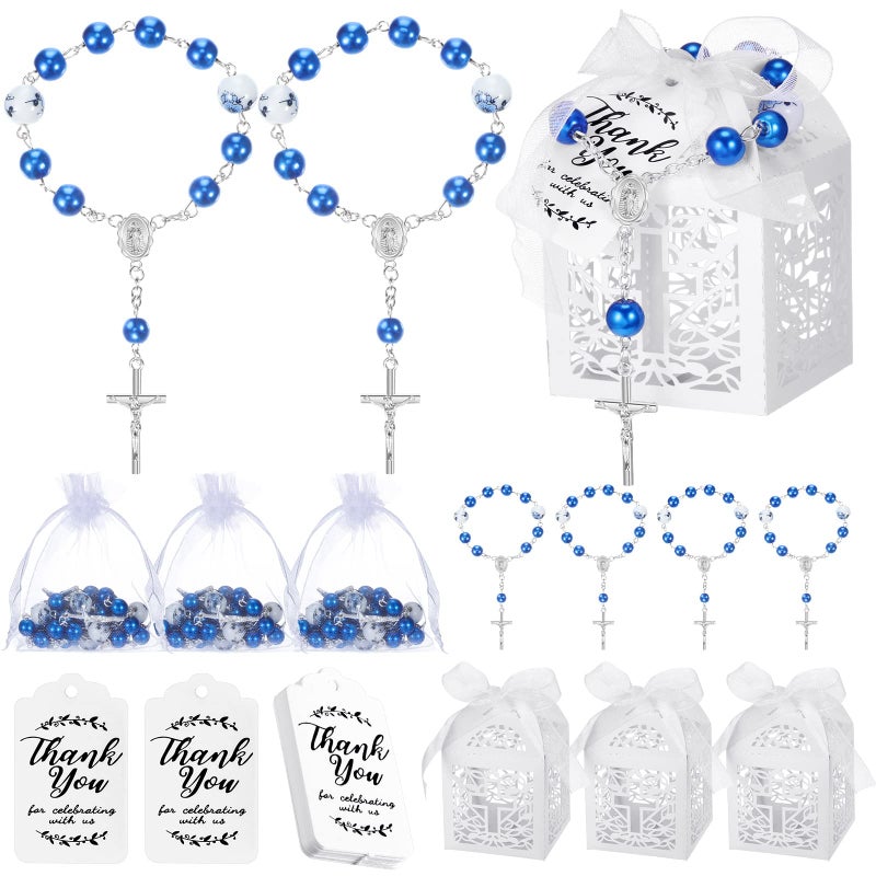 Yinkin 100 Pcs Baptism Favors Set Includes Mini Rosary Baptism Favor Boxes White Organza Bags and Kraft Thank You Tags 25 Sets Each for Christening Communion Baby Shower Party DecorationsBlue - Image 2