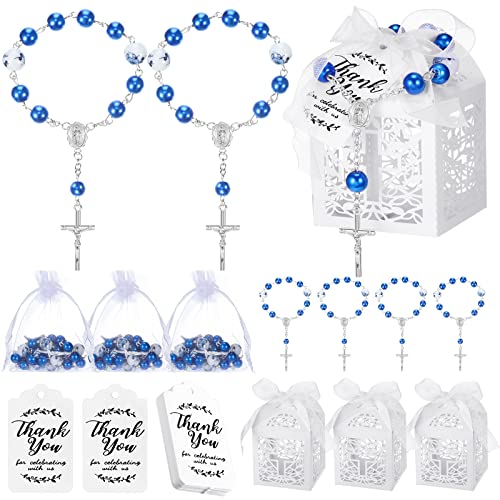 Yinkin 100 Pcs Baptism Favors Set Includes Mini Rosary Baptism Favor Boxes White Organza Bags and Kraft Thank You Tags 25 Sets Each for Christening Communion Baby Shower Party DecorationsBlue - Image 1