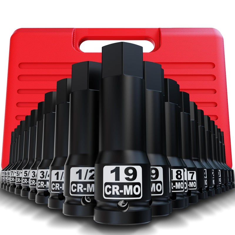 Aiourx 12 Drive Master Impact Hex Bit Socket Set Metric SAE 20Piece 12 Inch Drive Impact Allen Bit Socket Set 5mm 19mm 14 34 CrMo Steel Heavy Duty Storage Case