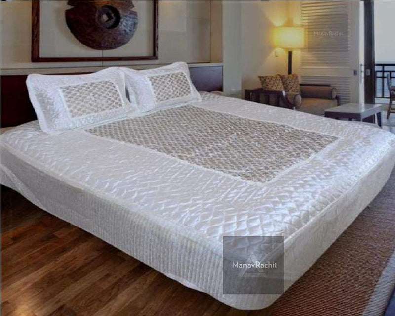 ManavRachit Satin Gold Printed 310 TC Wedding Bedding Set Bedsheet with 2 Pillow Covers for Home Living RoomSet of 3pc Jaal PrintWhite