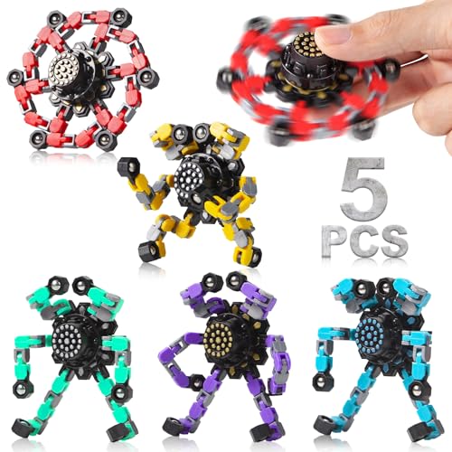 Gokeey 5 Pcs Transformable Fidget Spinners for Boys 812 Vibrant Mechanical Robot Sensory Toys in Red Yellow Blue Green Cyan Small Gifts for Easter Basket Stuffers Travel Toy - Image 1