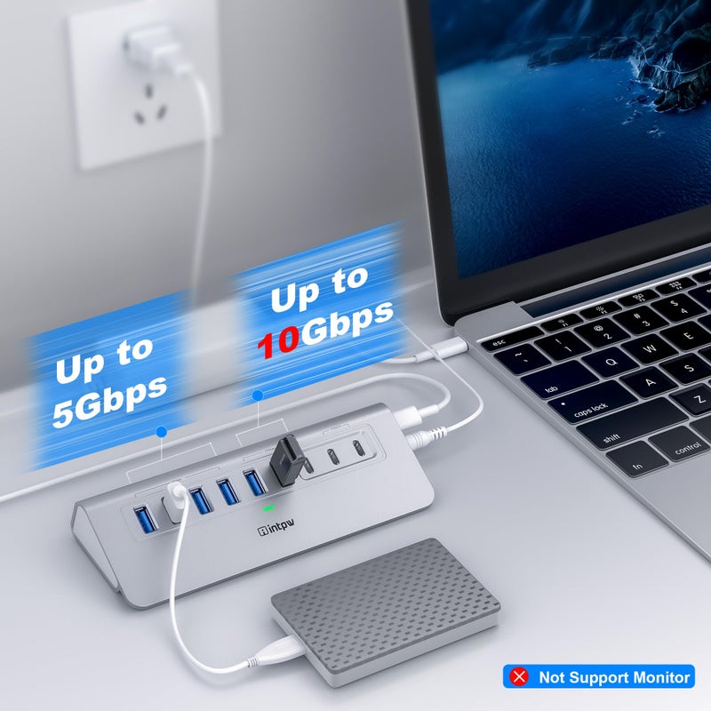 intpw Powered USB Hub 10Gbps, intpw 9-Port USB 3.2 Hub, USB C Hub with USB A/USB C 3.2, 4 USB 3.0, 2 PD 45W Charging Ports, 65W Power Adapter and 3.3FT Cable, Aluminum USB Hub for Laptop, iPhone 17/16/15ï¼ŒPC - Image 3