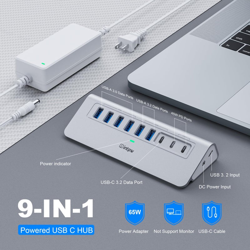 intpw Powered USB Hub 10Gbps, intpw 9-Port USB 3.2 Hub, USB C Hub with USB A/USB C 3.2, 4 USB 3.0, 2 PD 45W Charging Ports, 65W Power Adapter and 3.3FT Cable, Aluminum USB Hub for Laptop, iPhone 17/16/15ï¼ŒPC - Image 2