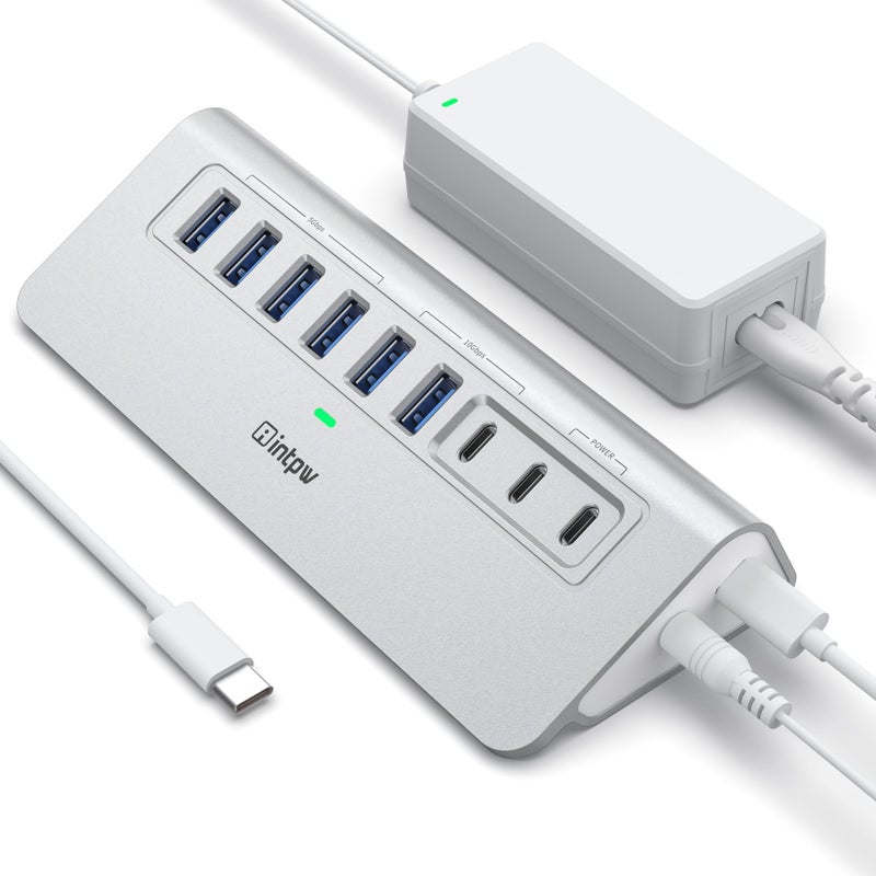 intpw Powered USB Hub 10Gbps, intpw 9-Port USB 3.2 Hub, USB C Hub with USB A/USB C 3.2, 4 USB 3.0, 2 PD 45W Charging Ports, 65W Power Adapter and 3.3FT Cable, Aluminum USB Hub for Laptop, iPhone 17/16/15ï¼ŒPC - Image 1