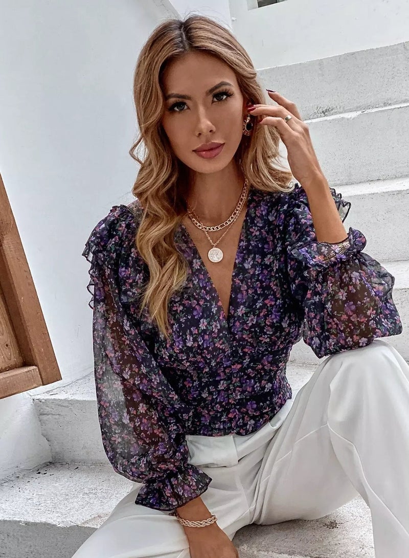 Floral Shirred Ruffle Trim Chiffon Blouse  - Image 1
