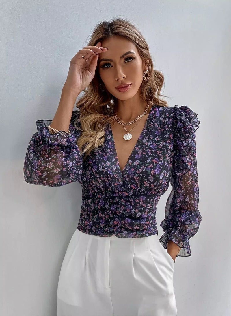 Floral Shirred Ruffle Trim Chiffon Blouse  - Image 4