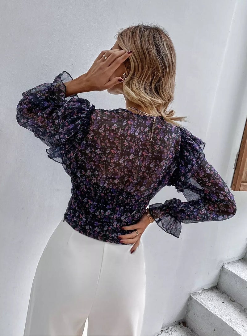 Floral Shirred Ruffle Trim Chiffon Blouse  - Image 2