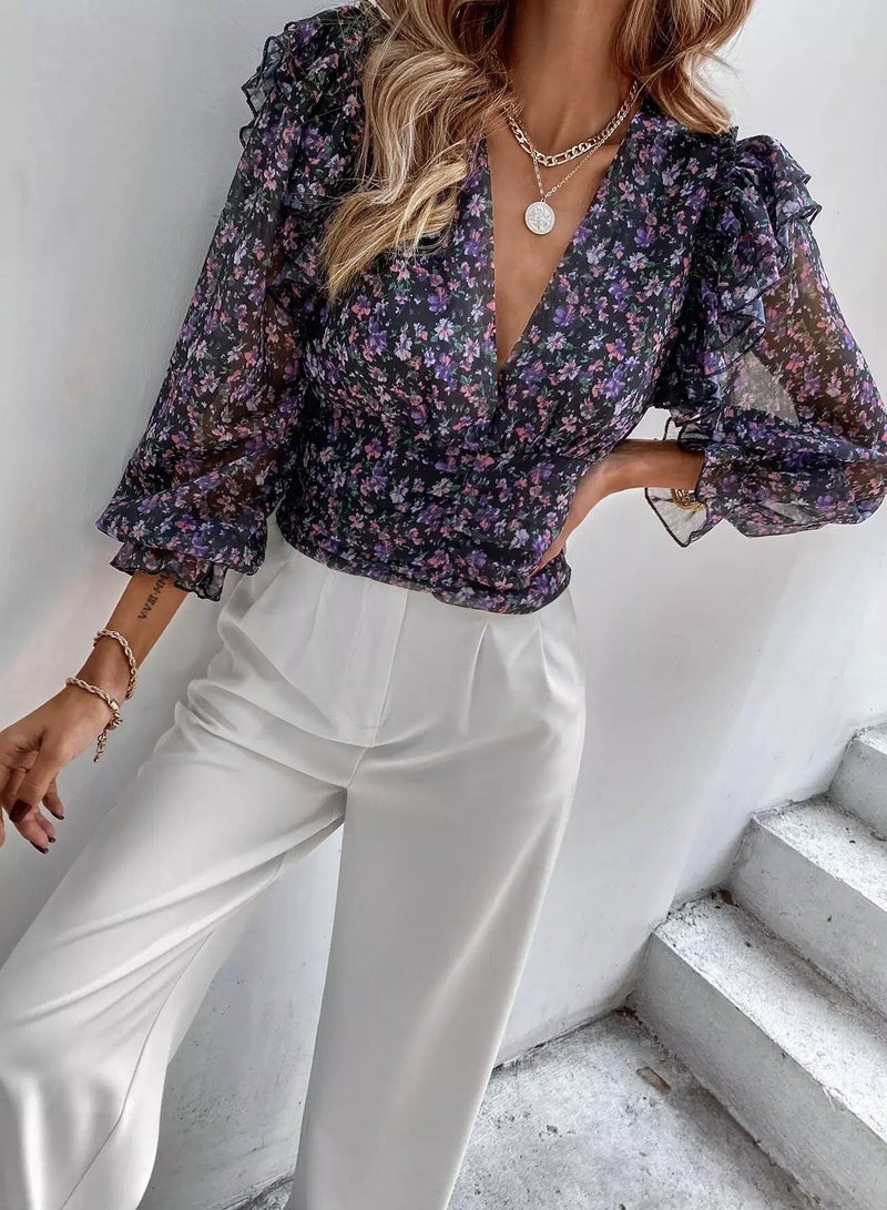 Floral Shirred Ruffle Trim Chiffon Blouse  - Image 5