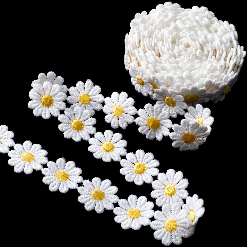 Winsyison 2 Yards Daisy Lace Trim Ribbon, Flower Embroidered Ribbon Roll for Bridal, Daisy Trim Sewing Accessories for Bouquet Packaging Wrapping Wedding Decorations DIY Crafts- White - Image 1
