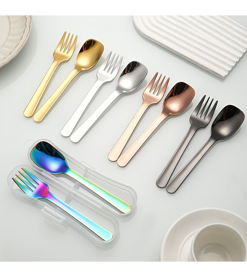 Personalized Customization Golden Color 304 Stainless Steel Spoon Set Thickened Square Headed Spoon Fork Set Portable Durable Household Eating Cutlery With Box - Image 1