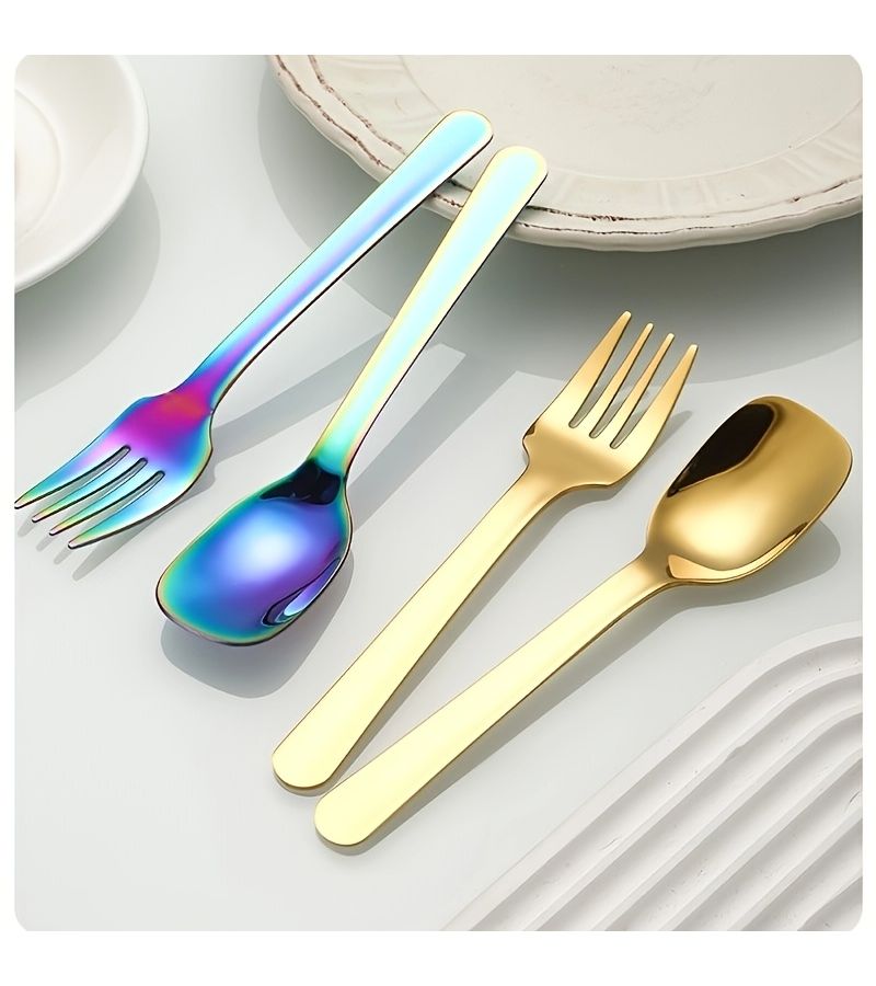 Personalized Customization Golden Color 304 Stainless Steel Spoon Set Thickened Square Headed Spoon Fork Set Portable Durable Household Eating Cutlery With Box - Image 4