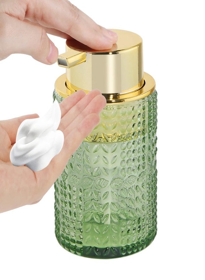 Fvstar Foaming Soap Dispenser,10 Oz Glass Soap Dispenser with Gold Pump,Bathroom Hand Soap Dispenser Bottle with Vintage Pattern,Green Foam Hand Soap Dispenser for Bathroom and Kitchen,1 - Image 1