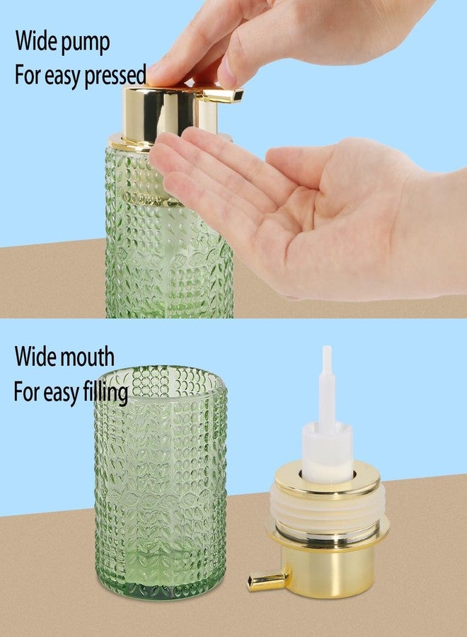 Fvstar Foaming Soap Dispenser,10 Oz Glass Soap Dispenser with Gold Pump,Bathroom Hand Soap Dispenser Bottle with Vintage Pattern,Green Foam Hand Soap Dispenser for Bathroom and Kitchen,1 - Image 4