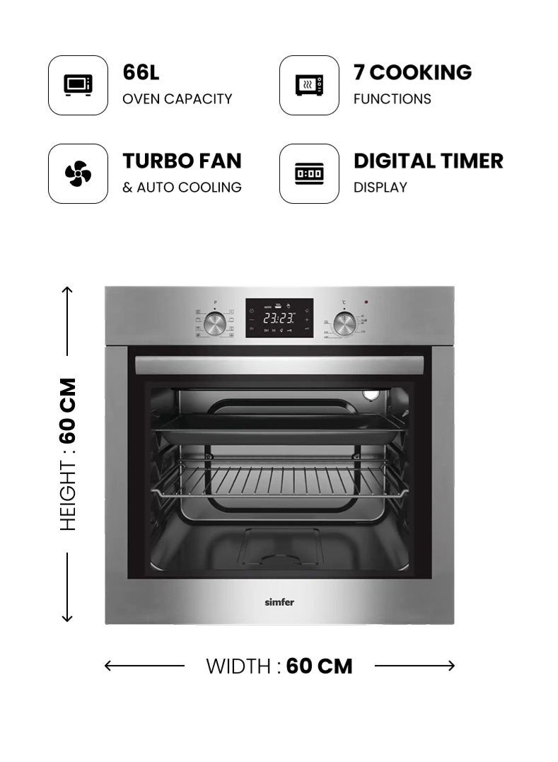 Simfer Electric Built-in Oven 60 cm | 66L Capacity | 7 Cooking Functions | Turbo Fan & Auto Cooling | Digital Timer Display | Double Glass Door Low-E | Stainless Steel Control Panel | SMF608BOE-DTXS - Image 2