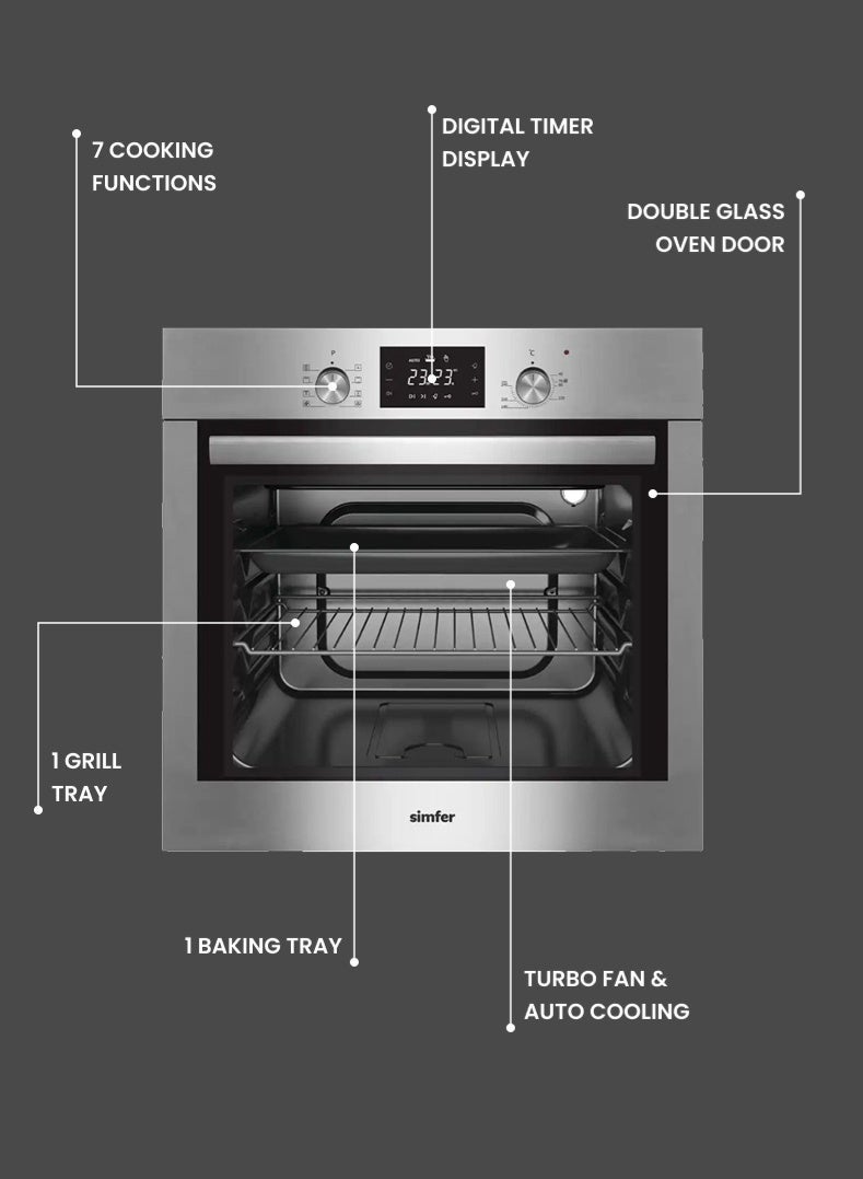 Simfer Electric Built-in Oven 60 cm | 66L Capacity | 7 Cooking Functions | Turbo Fan & Auto Cooling | Digital Timer Display | Double Glass Door Low-E | Stainless Steel Control Panel | SMF608BOE-DTXS - Image 3