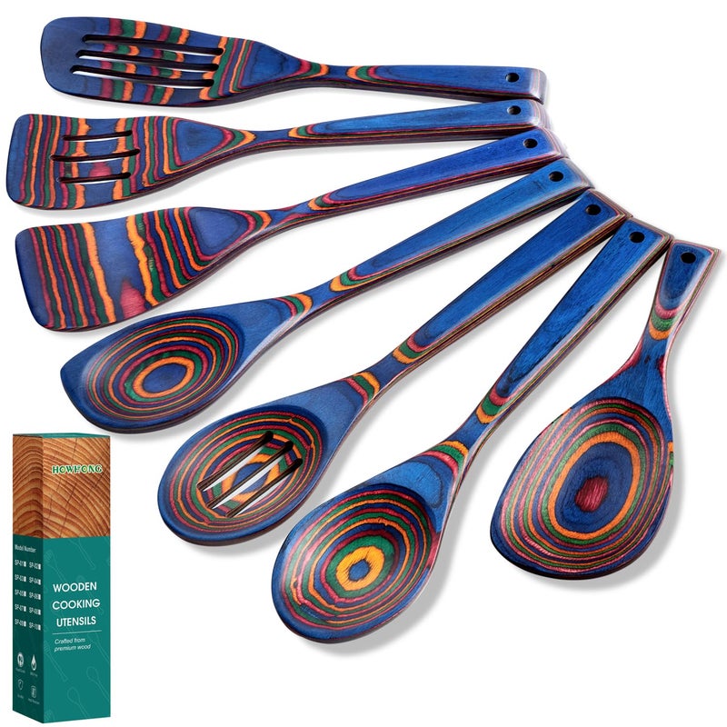 HOWHONG Wooden Spoons for Cooking, Pakkawood Kitchen Utensil Set Spectrum Color, Premium Durable Wooden Utensils for Nonstick Cookware, Heat Resistant, Smooth Finish, Comfortable Grip, 7 Piece - Image 1