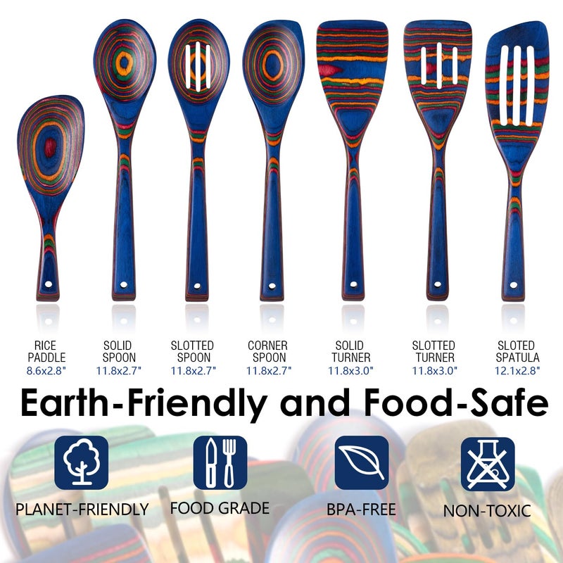 HOWHONG Wooden Spoons for Cooking, Pakkawood Kitchen Utensil Set Spectrum Color, Premium Durable Wooden Utensils for Nonstick Cookware, Heat Resistant, Smooth Finish, Comfortable Grip, 7 Piece - Image 2