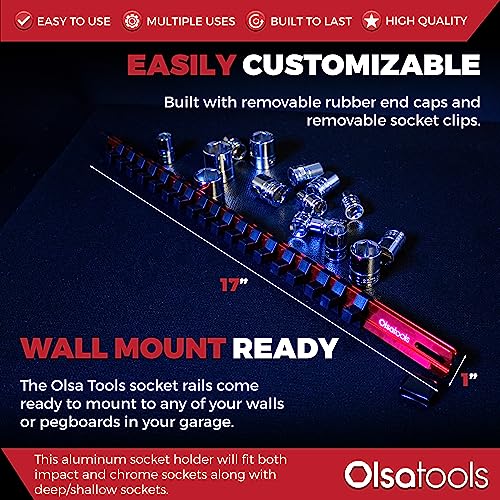 Olsa Tools Socket Organizer - 3/8-Inch Drive Red Holder - Stores 18 Chrome or Impact Sockets - Durable Rail Storage for Mechanics - Professional Grade Metric or SAE Socket Organizer - Part 1011 - Image 3