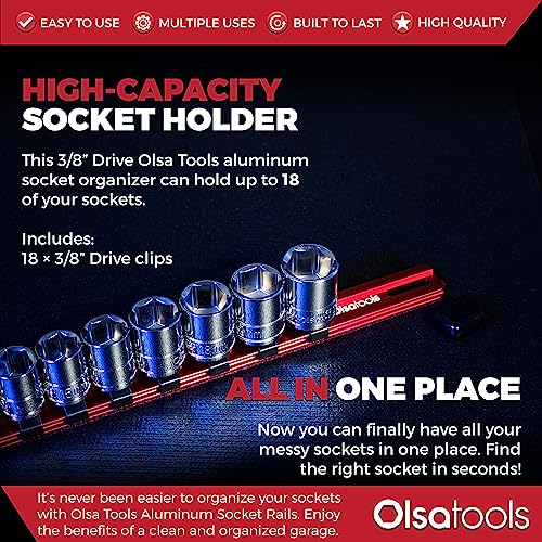Olsa Tools Socket Organizer - 3/8-Inch Drive Red Holder - Stores 18 Chrome or Impact Sockets - Durable Rail Storage for Mechanics - Professional Grade Metric or SAE Socket Organizer - Part 1011 - Image 2