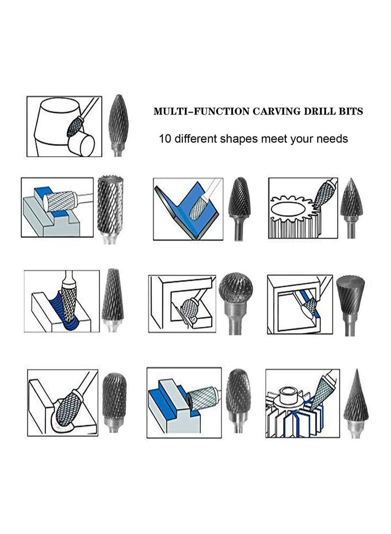 SOLARAE Aluminum Cutting Bits Carbide Burr Set-10 Pieces For Die Grinder Bits Aluminum And Wood Tungsten Carbide burrs Cutter Rotary Burrs Double Cut Set Cutting - Image 2