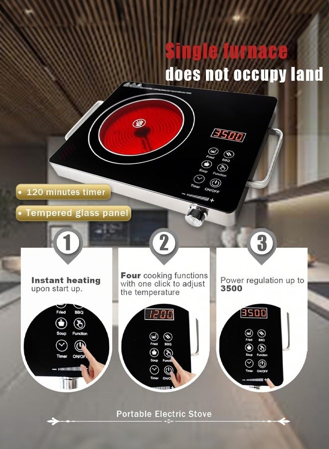 موقد كهربائي بالأشعة تحت الحمراء محمول 3500 واط، سطح تسخين بلمس مع مؤقت 3 ساعات، طاقة حرارية قابلة للتعديل، سطح زجاجي للطبخ – أسود - Image 4