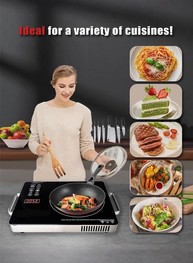 موقد كهربائي بالأشعة تحت الحمراء محمول 3500 واط، سطح تسخين بلمس مع مؤقت 3 ساعات، طاقة حرارية قابلة للتعديل، سطح زجاجي للطبخ – أسود - Image 2