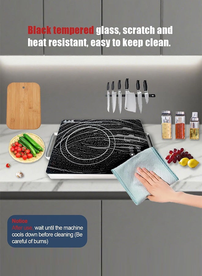 موقد كهربائي بالأشعة تحت الحمراء محمول 3500 واط، سطح تسخين بلمس مع مؤقت 3 ساعات، طاقة حرارية قابلة للتعديل، سطح زجاجي للطبخ – أسود - Image 3