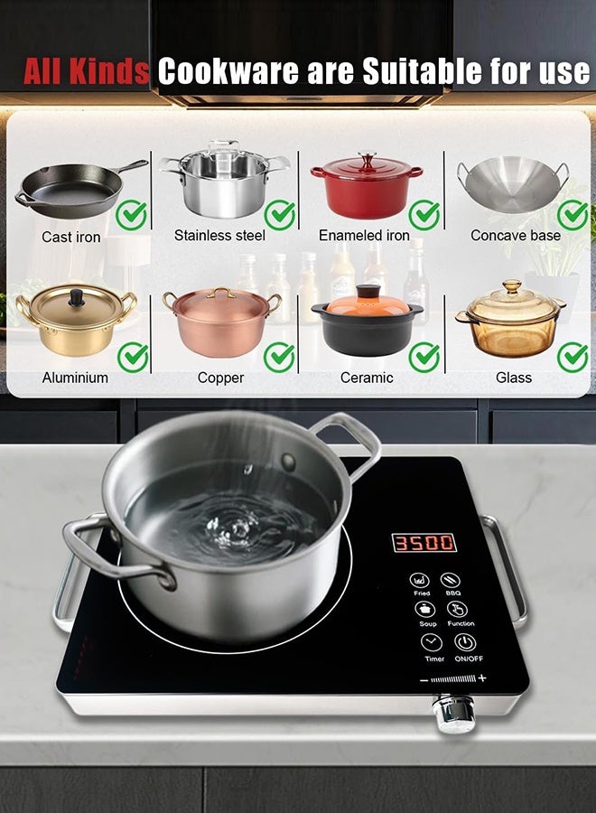 موقد كهربائي بالأشعة تحت الحمراء محمول 3500 واط، سطح تسخين بلمس مع مؤقت 3 ساعات، طاقة حرارية قابلة للتعديل، سطح زجاجي للطبخ – أسود - Image 5
