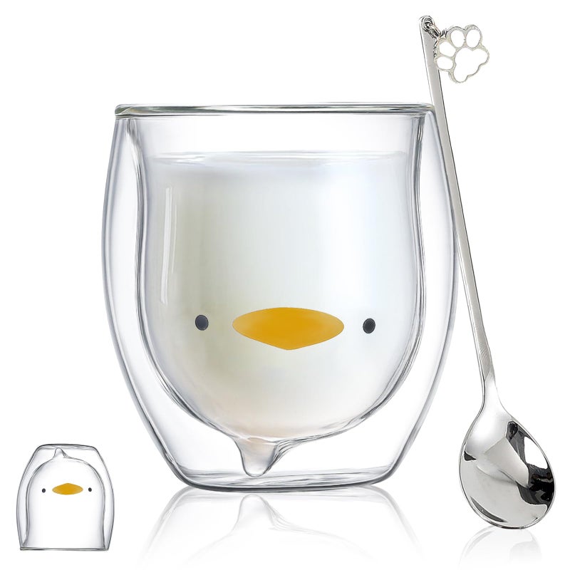 Binoster Duck Mug Cute Mugs Glass Double Wall Insulated Glass Espresso Cup, Coffee Cup, Tea Cup, Milk Cup,Kawaii Gift for Office and Personal Birthday Christmas (Duck) - Image 1